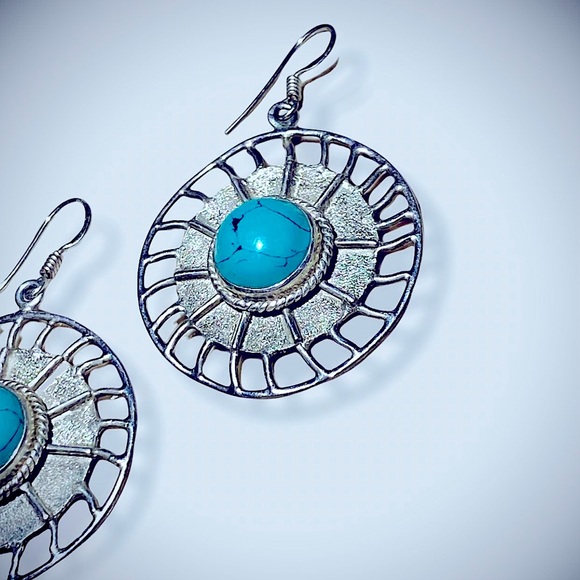 Vintage Turquoise Earrings Handmade in India Large Sun Dangle Earrings Sterling - Picture 9 of 9